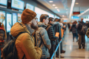 People waiting for flight at the airport in line
