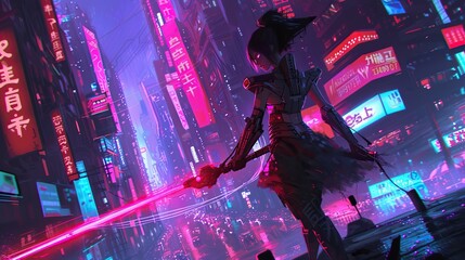 A futuristic depiction of a sci-fi warrior wielding a high-tech foehammer in a cyberpunk cityscape. Neon lights illuminate the scene, casting a dynamic interplay of shadows and reflections. 