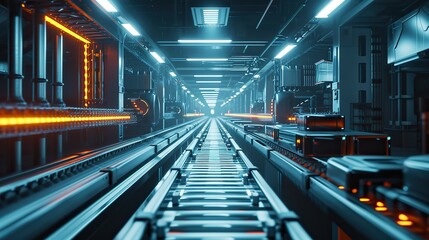 A futuristic depiction of an automated conveyor system in a high-tech facility, with products seamlessly moving through a futuristic environment. High-contrast, futuristic colors inspired by sci-fi  - obrazy, fototapety, plakaty