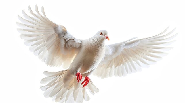 The white dove is a symbol of peace and hope. Beautiful bird flying isolated on a white background. Street pigeon. Love and peace concept.