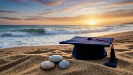 Secluded Beach Graduation Cap Amidst Pebbles and Sunset Waves