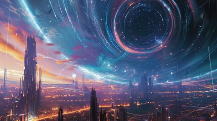A futuristic interpretation of astrology, featuring a futuristic cityscape against a backdrop of swirling galaxies. Luminescent streaks of light connect the constellations in the sky to high-tech - obrazy, fototapety, plakaty