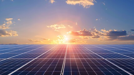 Renewable Energy Concept with Solar Panels at Sunset. Clean and Sustainable Power Generation. Modern Photovoltaic Technology in Use. Environmentally Friendly Electricity Source. AI - obrazy, fototapety, plakaty