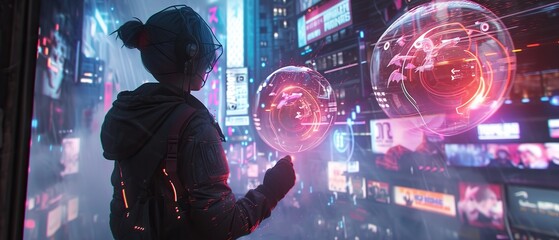 A futuristic interpretation set in a sci-fi landscape, featuring a cyberpunk gnome with neon accents. The gnome wields two holographic orbs containing digital bird-like creatures. - obrazy, fototapety, plakaty