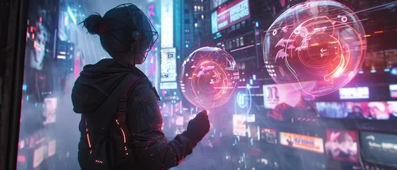 Fotobehang A futuristic interpretation set in a sci-fi landscape, featuring a cyberpunk gnome with neon accents. The gnome wields two holographic orbs containing digital bird-like creatures. © Oskar Reschke