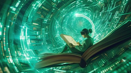 A futuristic representation of a bookworm coiled around a holographic book in a virtual reality environment. The holographic pages showcase diverse genres and ideas