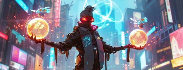 A futuristic interpretation set in a sci-fi landscape, featuring a cyberpunk gnome with neon accents. The gnome wields two holographic orbs containing digital bird-like creatures. - obrazy, fototapety, plakaty