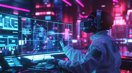 A futuristic scene featuring a scientist immersed in a virtual reality environment, conducting experiments without the need for live animals. The image draws inspiration from cyberpunk aesthetics - obrazy, fototapety, plakaty