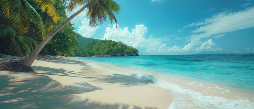 Tropical paradise beach with palm trees, white sand, and azure water, offering a serene and picturesque escape from daily life.