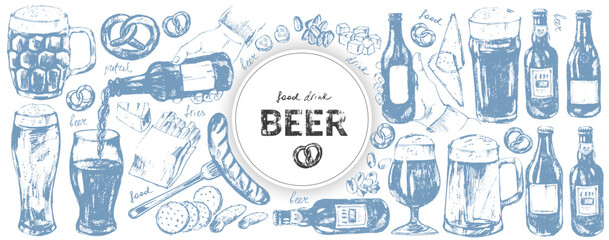 Vector beer illustration set. Beer bottles, glass, mug, snacks, hand holding beer bottle