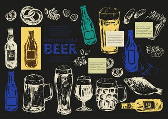 Vector beer chalk illustration set. Beer bottles, glass, mug, snacks, hand holding beer bottle.