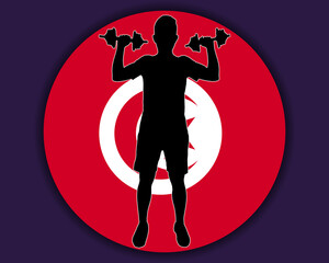 Athlete with dumbbells front of Tunisia flag, bodybuilder silhouette vector