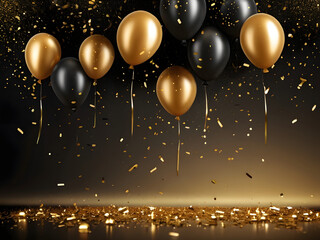 Illestration Celebration background with confetti and gold balloons with white and black backrounds