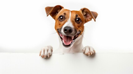 Jack Russel Terrier Dog sitting happily and holding a big blank signboard, isolated white background