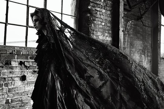 A gothcore fashion editorial showcasing a model draped in elaborate, dark lace and leather garments against an industrial backdrop. The juxtaposition of textures and the bold, monochromatic styling