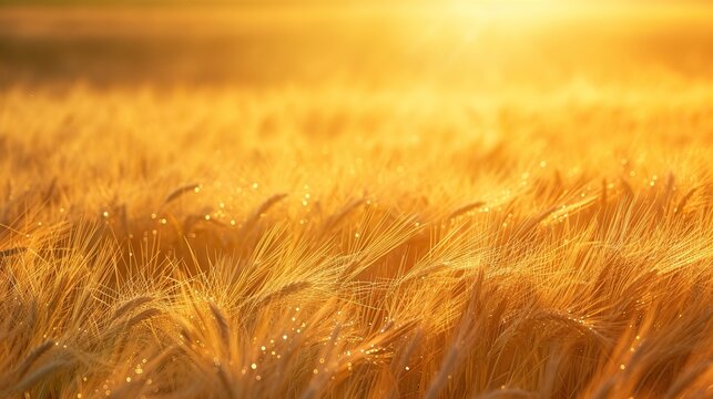 A golden field of wheat gently sways in the breeze, creating a sea of undulating waves under the soft glow of the setting sun. The image captures the essence of yielding to the natural rhythm of life