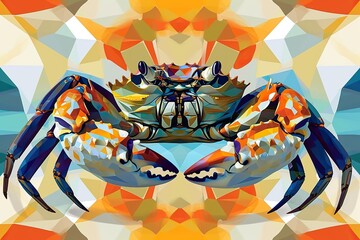 Stylized crab formed by overlapping geometric shapes, creating a modern and abstract representation. The use of a bold color palette, including deep blues and vibrant oranges