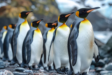 Fototapeta premium Penguins walk on the snow along the shore