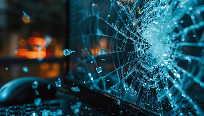 Fotobehang A broken laptop screen with a shattered glass. © Nattanon