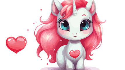 A cute cartoon unicorn is looking at the red heart