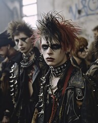 Gothcore friends in an abandoned warehouse, adorned with eclectic accessories and piercings.