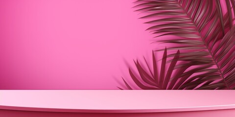 Magenta background with palm leaf shadow and white wooden table for product display, summer concept
