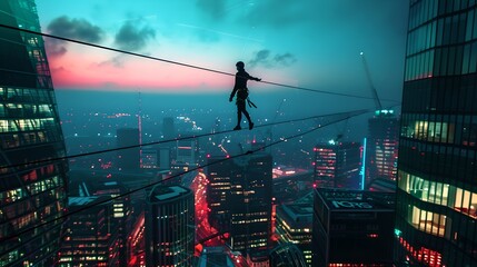 Silhouetted Person Tightrope Walking Between Skyscrapers at Sunset. Urban Adventure, Risk Taking, Modern Cityscape Background. Cinematic Shot. AI - obrazy, fototapety, plakaty