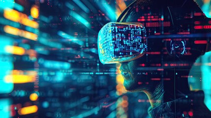 A hacker's perspective, depicted through a VR headset with lines of code and digital interfaces blending into the real world. The augmented reality scene captures the tension of a high-stakes hack