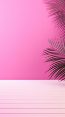 Fototapeta na wymiar Magenta background with palm leaf shadow and white wooden table for product display, summer concept
