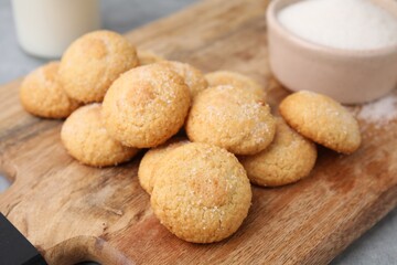 Obraz na płótnie Canvas Tasty fresh sugar cookies on grey table, closeup