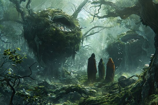 A group of travelers navigating a lush woodland area, discovering hidden nests filled with eggs. The image captures the spirit of adventure and exploration
