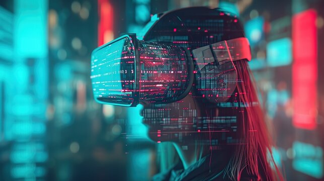 A hacker's perspective, depicted through a VR headset with lines of code and digital interfaces blending into the real world. The augmented reality scene captures the tension of a high-stakes hack