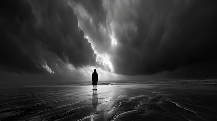 Lone figure standing on a desolate beach, their silhouette against a stormy sky, emitting a silent wail. Moody, monochromatic tones reminiscent of the emotional landscapes