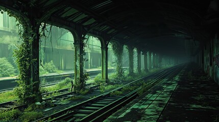 Train station, the platform overgrown with vines and the once-bustling tracks now rusted and covered in debris. The play of light and shadows adds to the eerie atmosphere, evoking a sense of solitude 