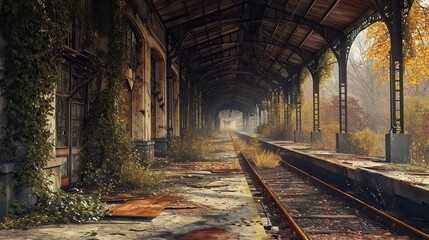 Fototapeta na wymiar Train station, the platform overgrown with vines and the once-bustling tracks now rusted and covered in debris. The play of light and shadows adds to the eerie atmosphere, evoking a sense of solitude 