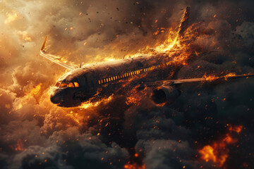 Burning passenger plane flying in the sky