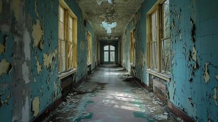 Abandoned asylum hallway with peeling wallpaper and broken windows. The desolate atmosphere and harsh lighting create a chilling ambiance, emphasizing the abhorrent history of the space.