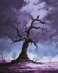 A Grym Fate. A lone, ancient oak tree stands tall in a desolate landscape, its gnarled branches reaching out like skeletal fingers. The sky is painted in shades of deep purples and ominous grays