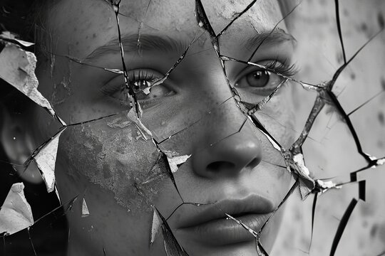 A haunting self-portrait of beautiful woman divided into shattered pieces, representing the fragmented identity of a psychotic experience. The grayscale image, depression