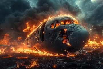 Burning crashed plane after an accident