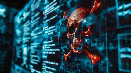 A computer screen showing a skull and crossbones, representing the impact of a cyberattack - obrazy, fototapety, plakaty