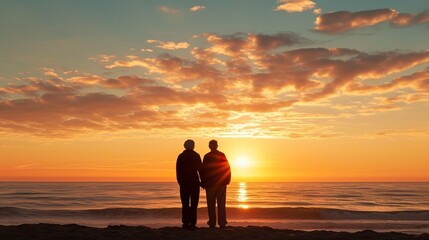 Fototapeta premium A heartwarming photograph of an elderly couple watching the sunset on a tranquil beach, their silhouettes framed by the warm, golden hues of the evening sky. The image evokes a sense of enduring love 