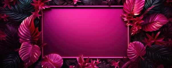 Magenta frame background, tropical leaves and plants around the magenta rectangle in the middle of the photo with space for text