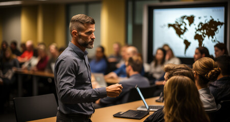 A photo of an American man in his late thirties teaching students at the university, standing at a table with a laptop and presentation screen on the wall behind him. Created with Ai