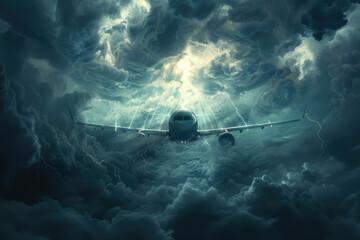 Commercial passenger plane in thunderclouds