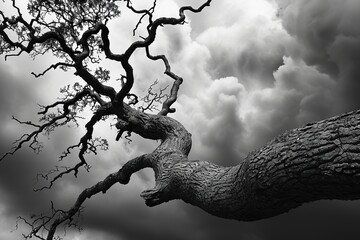 Capturing the twisted branches of a gnarled tree against a stormy sky. The ominous atmosphere conveys a sense of abhorrence, with the stark lighting emphasizing the tree's contorted form. - obrazy, fototapety, plakaty