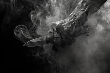 Hand gripping a combat knife, the veins and muscles accentuated. The background consists of swirling smoke and dramatic shadows, channeling film noir aesthetics.