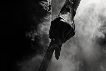 Hand gripping a combat knife, the veins and muscles accentuated. The background consists of swirling smoke and dramatic shadows, channeling film noir aesthetics.