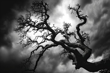 Capturing the twisted branches of a gnarled tree against a stormy sky. The ominous atmosphere conveys a sense of abhorrence, with the stark lighting emphasizing the tree's contorted form. - obrazy, fototapety, plakaty