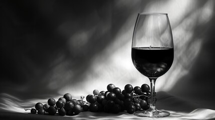 Black-and-white photograph capturing the timeless elegance of a wine glass filled with deep red wine, surrounded by a scattering of grapes. The interplay of shadows and highlights enhances the drama. - obrazy, fototapety, plakaty